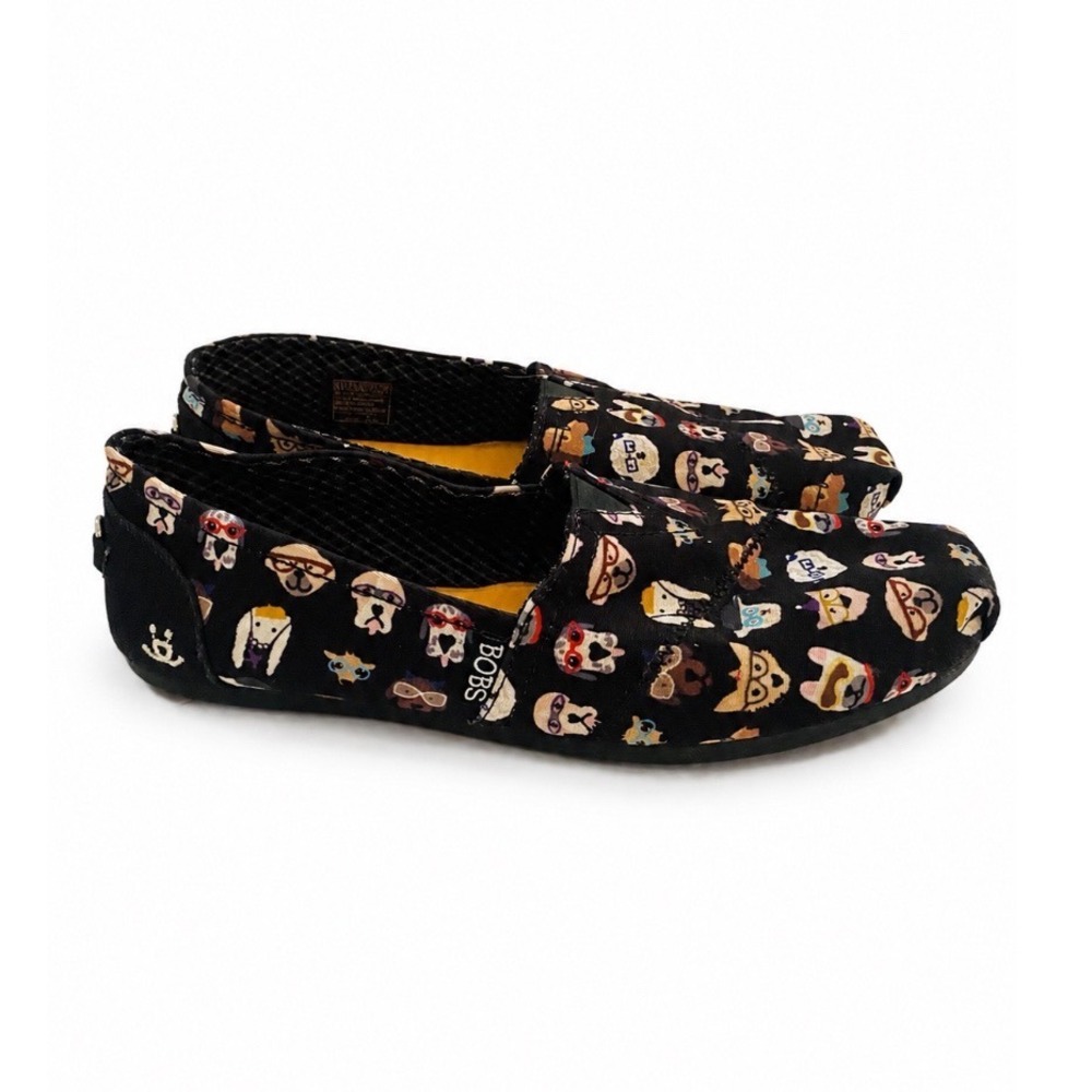 Skechers BOBS for Dogs Womens Black Dog Print Glasses Slip On Flats Shoes 8.5